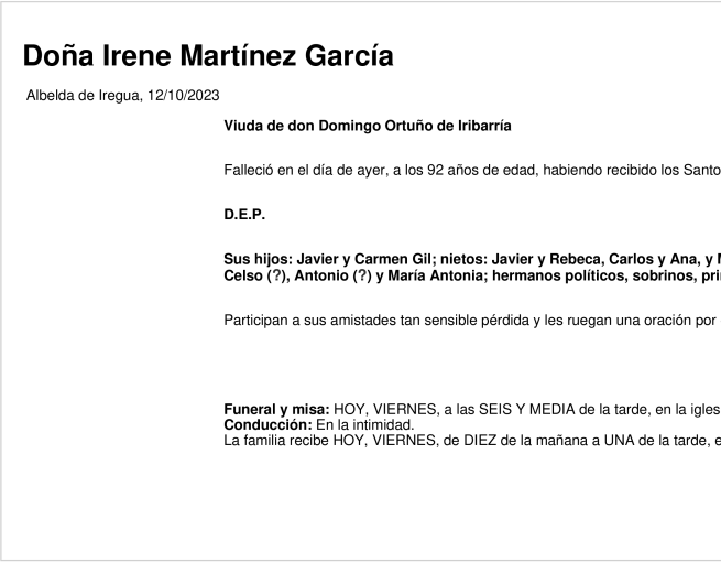 Esquela de Irene Martínez García