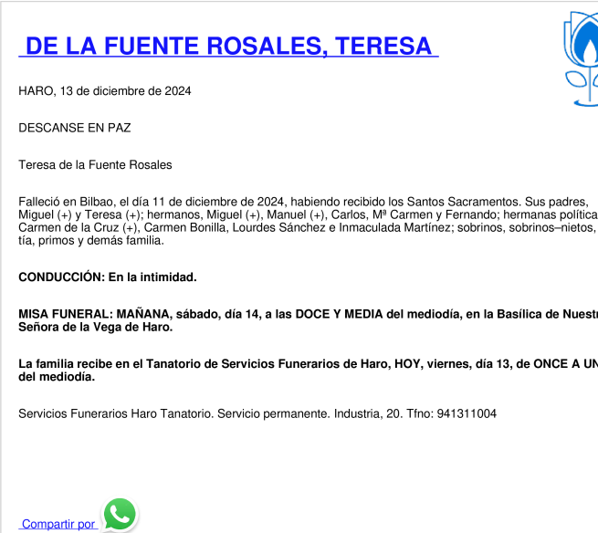Esquela de De La Fuente Rosales, Teresa